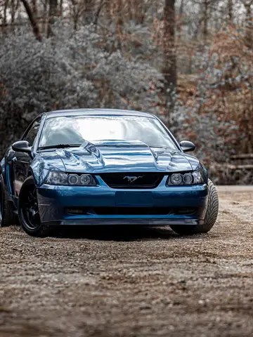 Blue Ford Mustang parked in a forest