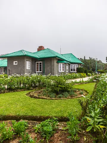 Green-roofed bungalow with a manicured lawn and gardens